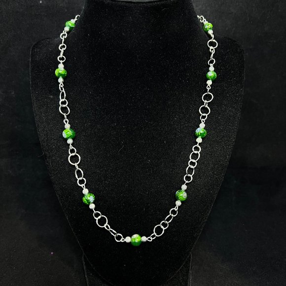 Unknown Jewelry - VTG Millefiori? Silver Chain Necklace With Green Floral Glass Beads 20" (3700)